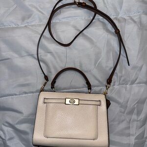 Coach Cream Pebbled Leather Top-Handle Shoulder Bag with Brown Strap